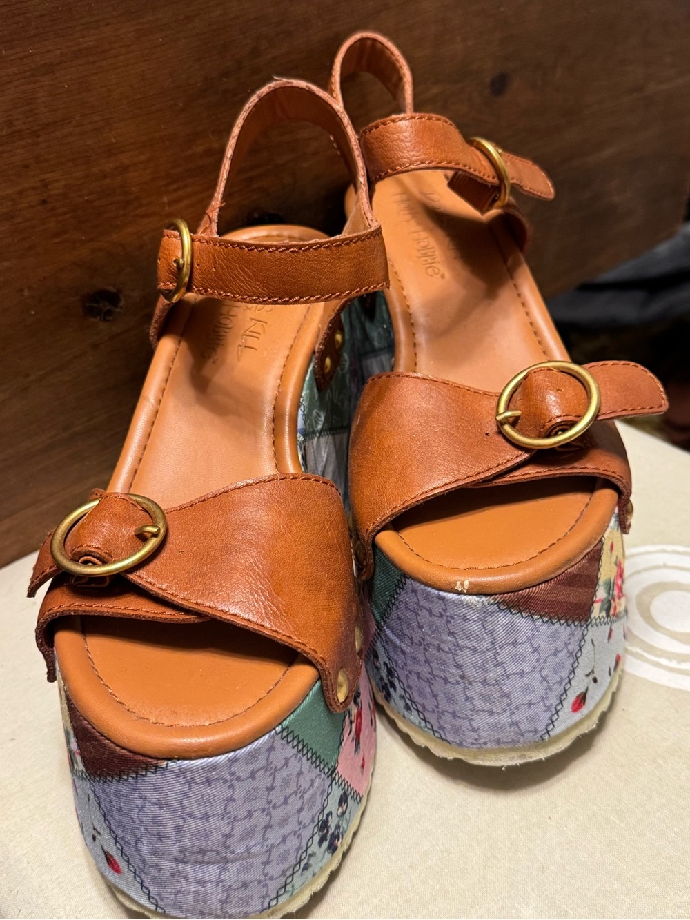 DOLLS KILL x Holly Hobby - Brown Leather Platform Sandals with Patchwork Wedge - Picture 5 of 6
